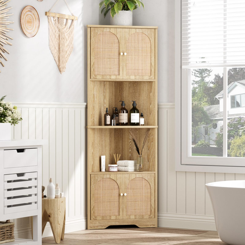 67''H Tall Corner Cabinet With Handmade Rattan Door, Black