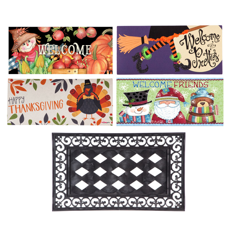 Sassafras Fall Holiday Set of 5 20"x10" Door Mats with Rubber Display Frame, Collection #4