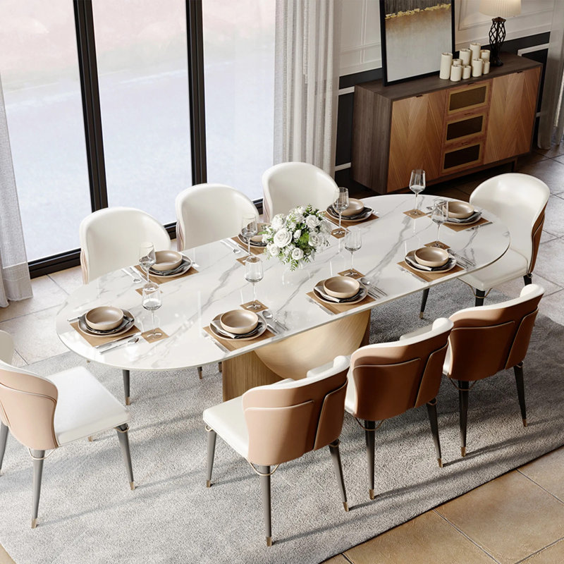 Modern Minimalist Oval Dining Table With Sintered Stone Tabletop, Pedestal Base Dining Table, Glossy White