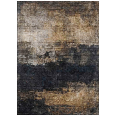 3' X 5' Charcoal Tan And Beige Abstract Washable Indoor Outdoor Area Rug