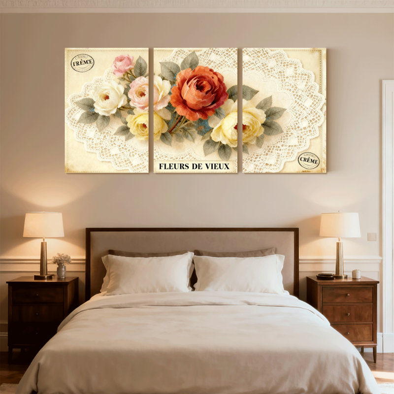Fleurs roses sur fond de dentelle, ensemble de 3 impressions sur toile de style rétro, H 18 po x l 36 po