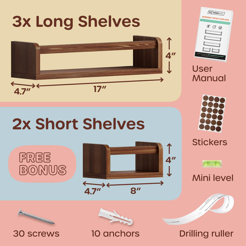 3+2 Floating Nursery Book Shelves, Brown