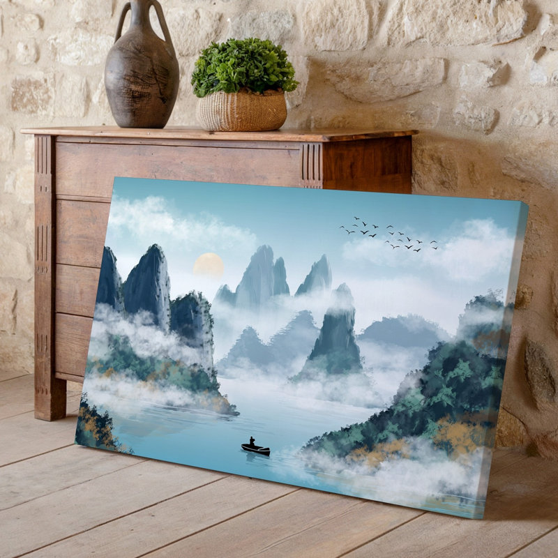 Toile, "Un paysage minimaliste serein avec une figure solitaire dans un art mural, petit bateau glissant doucement sur une rivière tranquille"