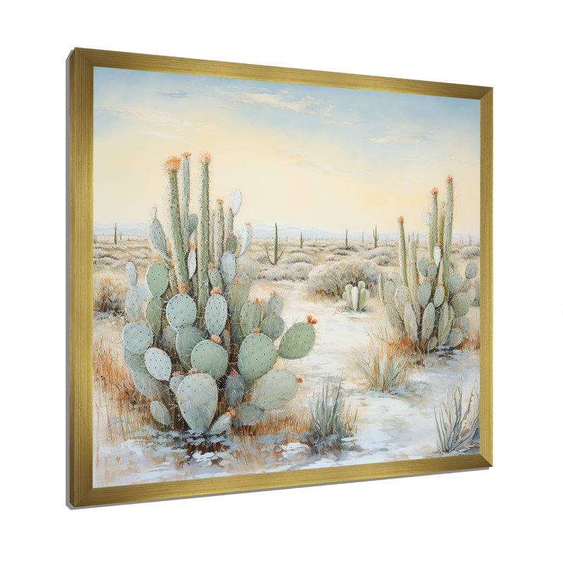 Cactus Charm In Winter I - Cactus Wall Art Living Room, H 24 po x l 24 po x P 1 po, Cadre doré simple