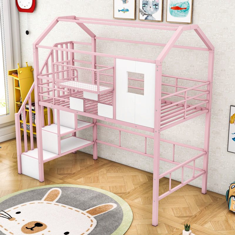 Twin Size Metal Loft Bed With Roof Design And Staircases, Pink