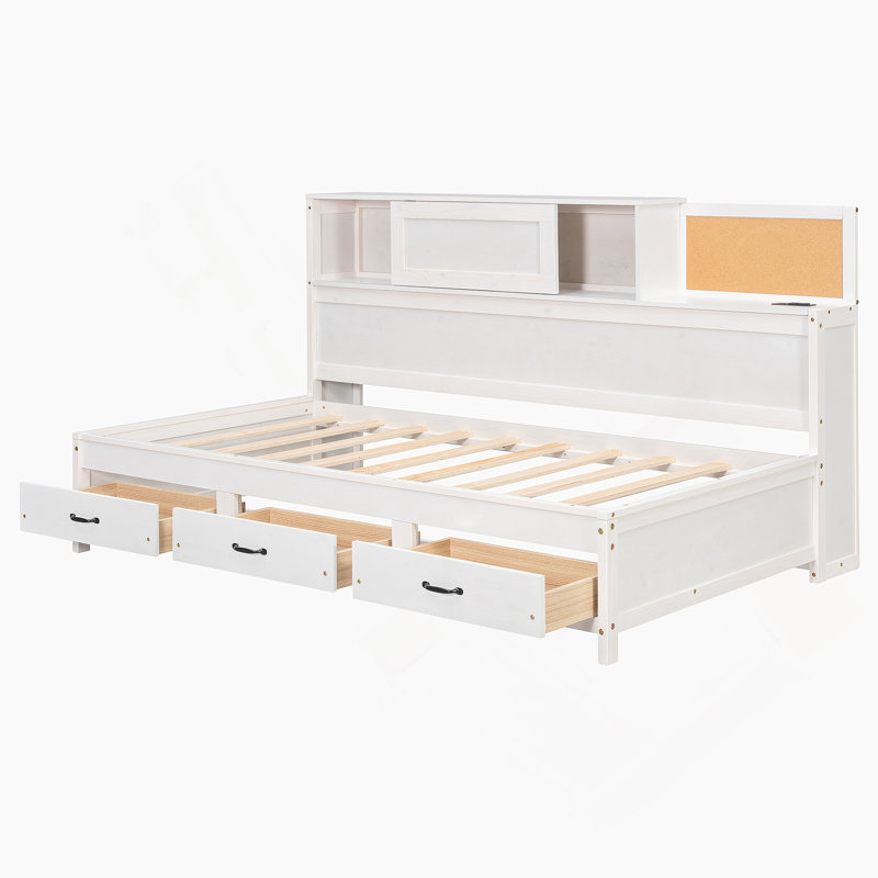 Twin Size Wooden Daybed With 3 Storage Drawers, Upper Soft Board, Shelf, And Integrated USB Ports, White