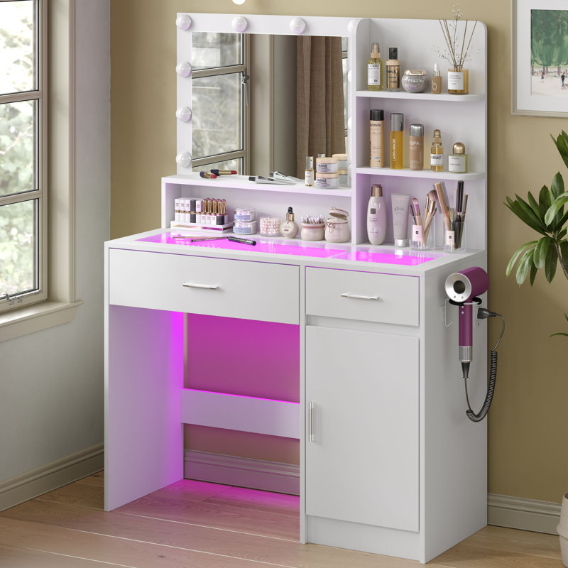 White Vanity Desk with Mirror and Lights, Vanity with Glass Top & Power Outlet, Dressing Table with 36 Lighting Modes, Brightness Adjustable RGB Drawers, for Women and Girls Bedroom (White)