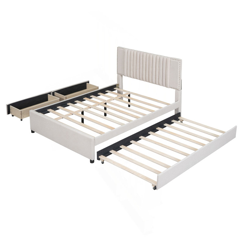 Lit plateforme double tapissier pleine grandeur avec 2 tiroirs et 1 lit gigogne simple, tête de lit classique, beige