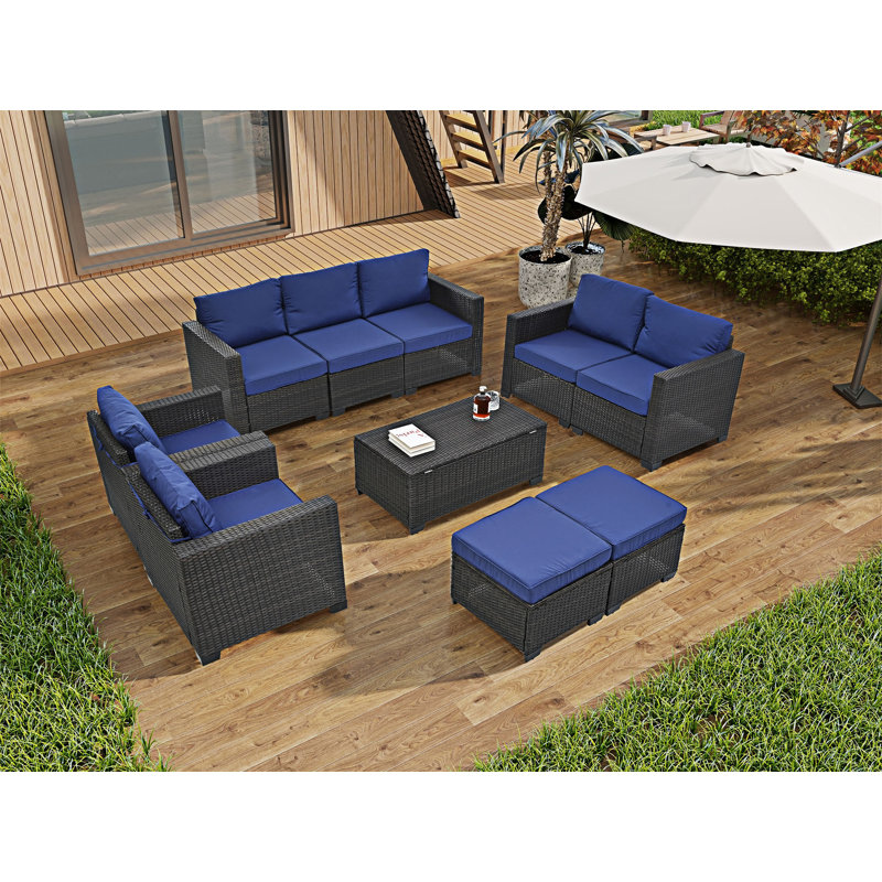 10 Piece Outdoor Sectional Sofa Set, Dark Blue, Brown Multi