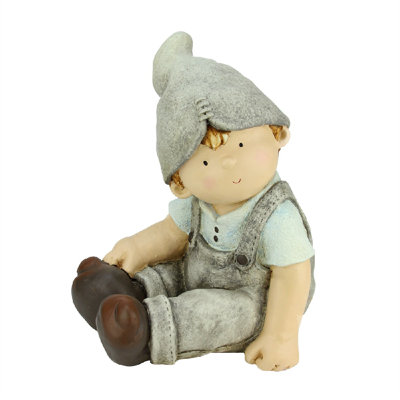 12" Gray and Blue Young Gnome Boy Sitting Spring Outdoor Garden Statue