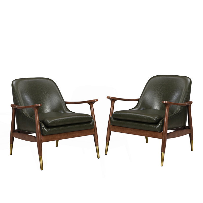Ensemble de 2 fauteuils d'appoint Mid-Century en similicuir avec assise rembourrée, fauteuil confortable, Green, 2
