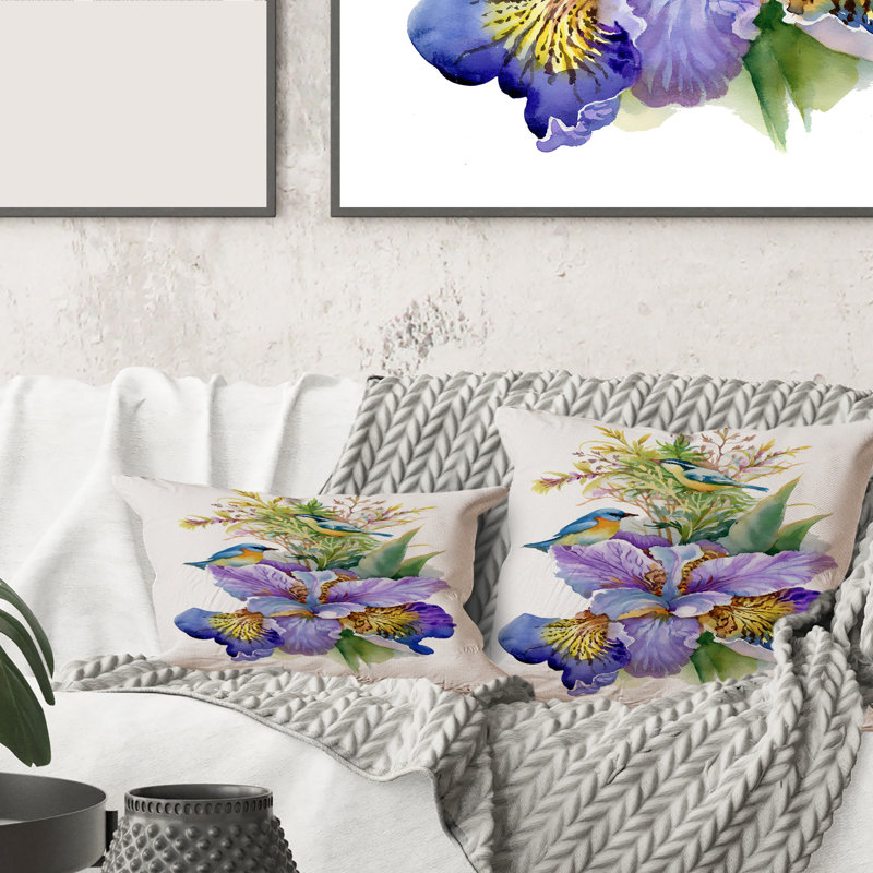 Iris mauve avec oiseaux - coussin traditionnel imprimé