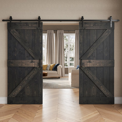 K Series Pine Wood Double Sliding Barn Door with Hardware Kit