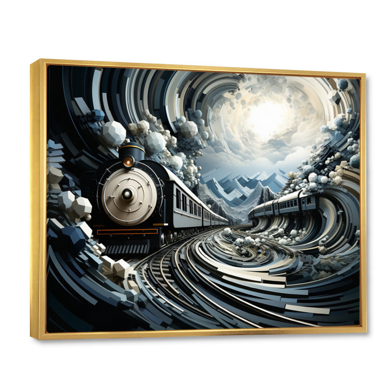 " Train Geometric Momentum I ", 16" H x 32" W x 1" D, Gold Floater Framed