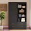 Armoire haute pour chambre avec porte de grange, tringle, tiroirs et tablettes ouvertes pour un rangement efficace des vêtements