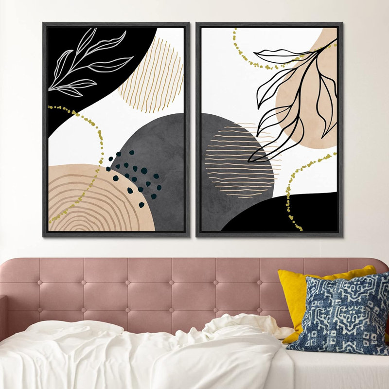 Mid-Century nordique géométrique anneau plantes formes abstraites Art moderne décoration murale bohème 2 pièces, Noir