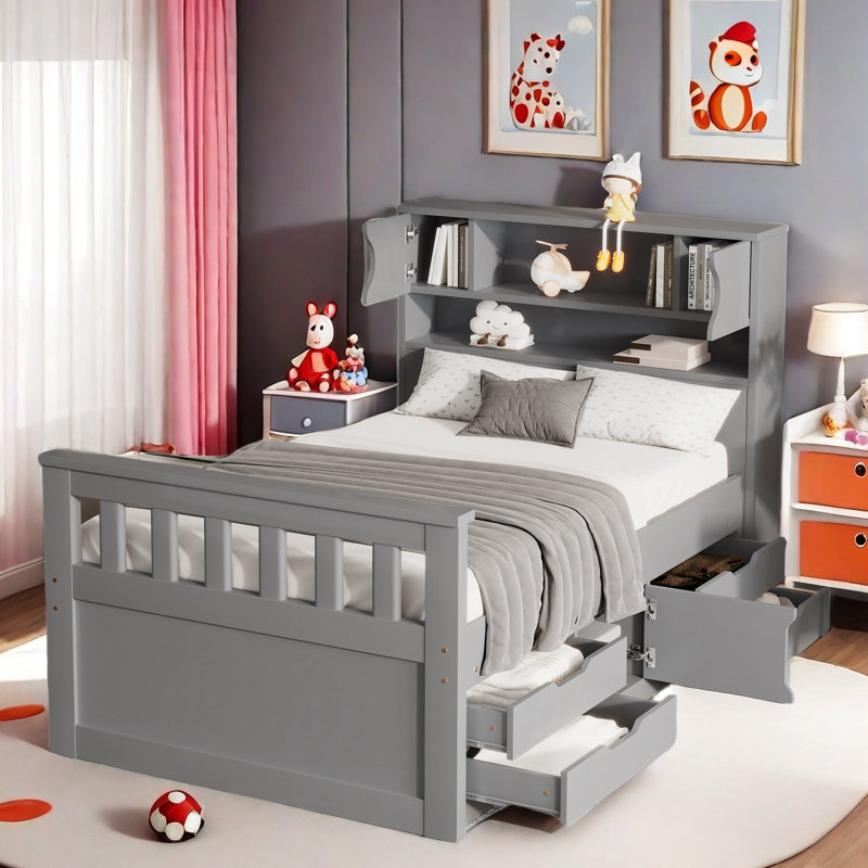 Lit plateforme Breckynn avec bibliothèques de rangement, tablettes et 4 tiroirs