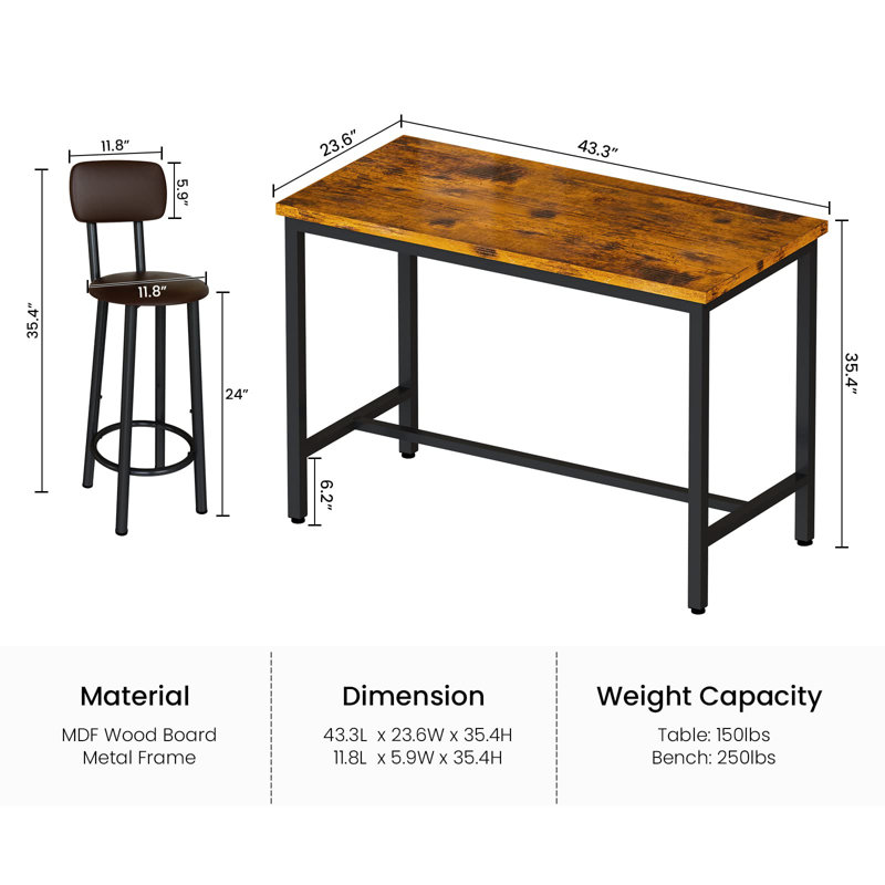 Industrial Bar Table Set with 4 PU Stools - Counter Height, Space-Saving 5-Piece Dining Set (43” L), Brown/Black