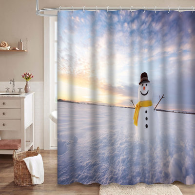 Funny Snowman Black Yellow Snowy Field Merry Happy Shower Curtain with 12 Hooks