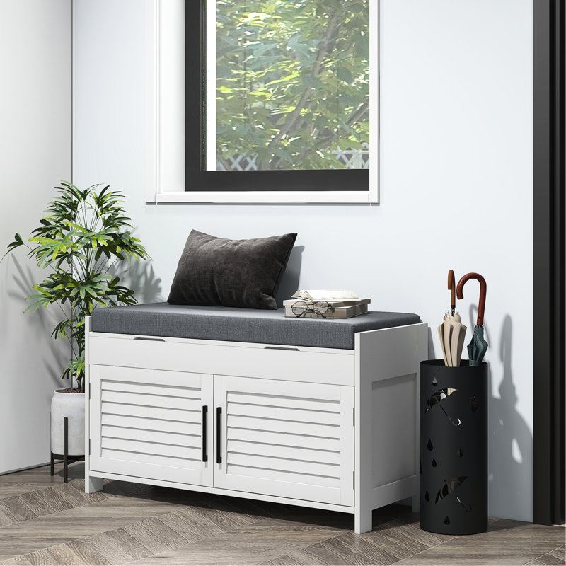 Banc de rangement à chaussures blanc pour vestibule, compartiments cachés, siège rembourré, tablettes réglables, portes à volets, support à poids pour chambre de 352 lb - blanc, avec rangement, capacité de charge du coussin
