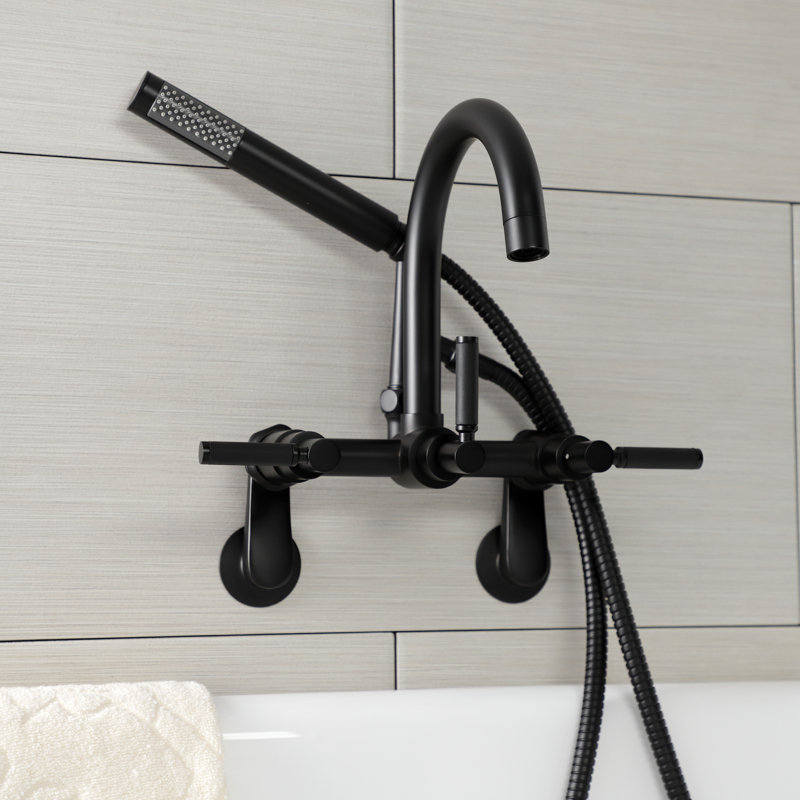 Kingston Brass Kaiser Three-Handle 2-Hole Tub Wall Mount Clawfoot Tub Faucet with Hand Shower, Matte Black