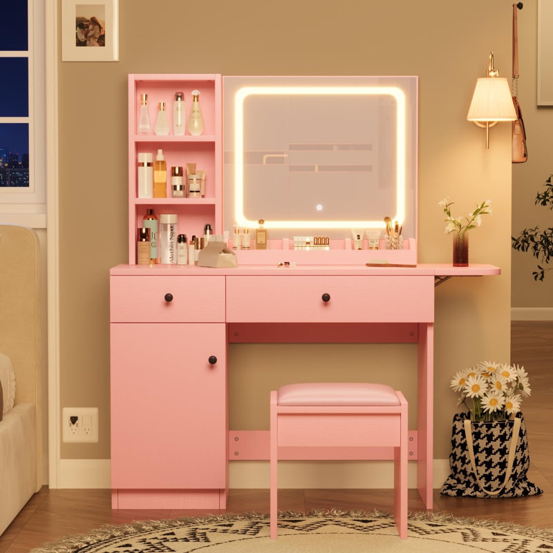 Makeup Vanity Desk with Mirror & Lights, Drawer Power Outlet Chair Set, Pink, Pink
