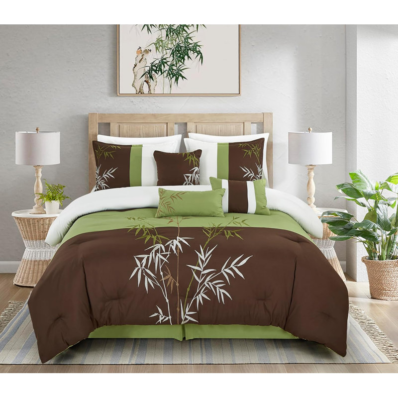 Bengal 7-Piece Bamboo Embroidered Comforter Set, King Comforter + 2 King Shams + 3 Throw Pillows