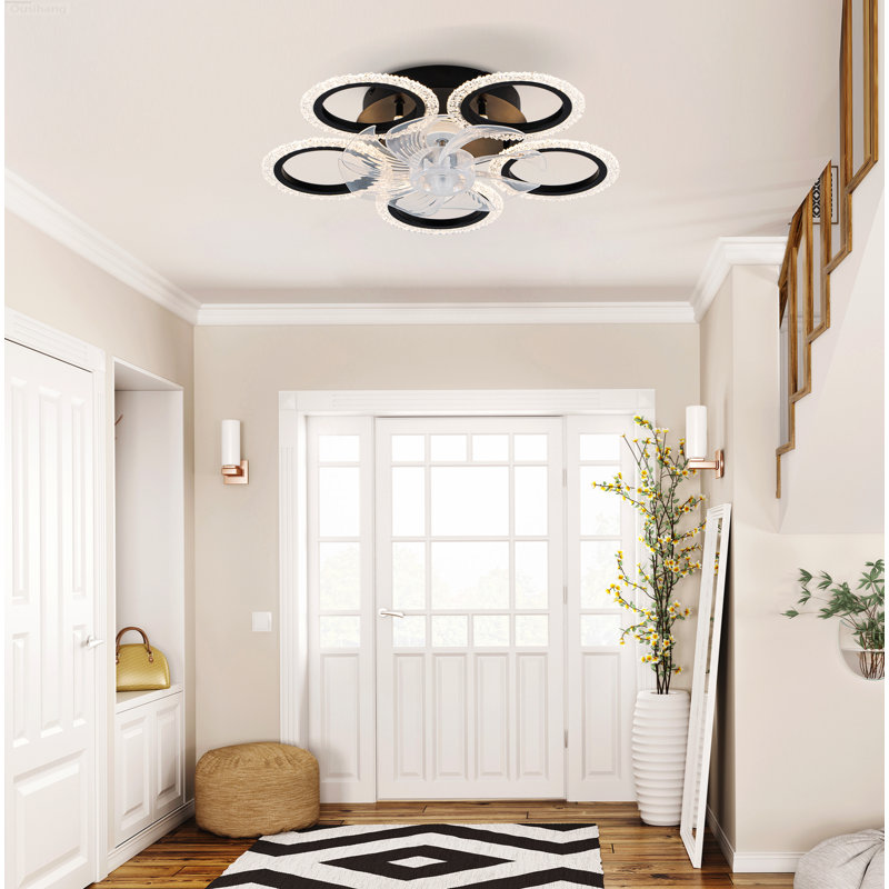 Ventilateur de plafond encastré réversible géométrique moderne à 6 vitesses avec lumière, noir, Model B