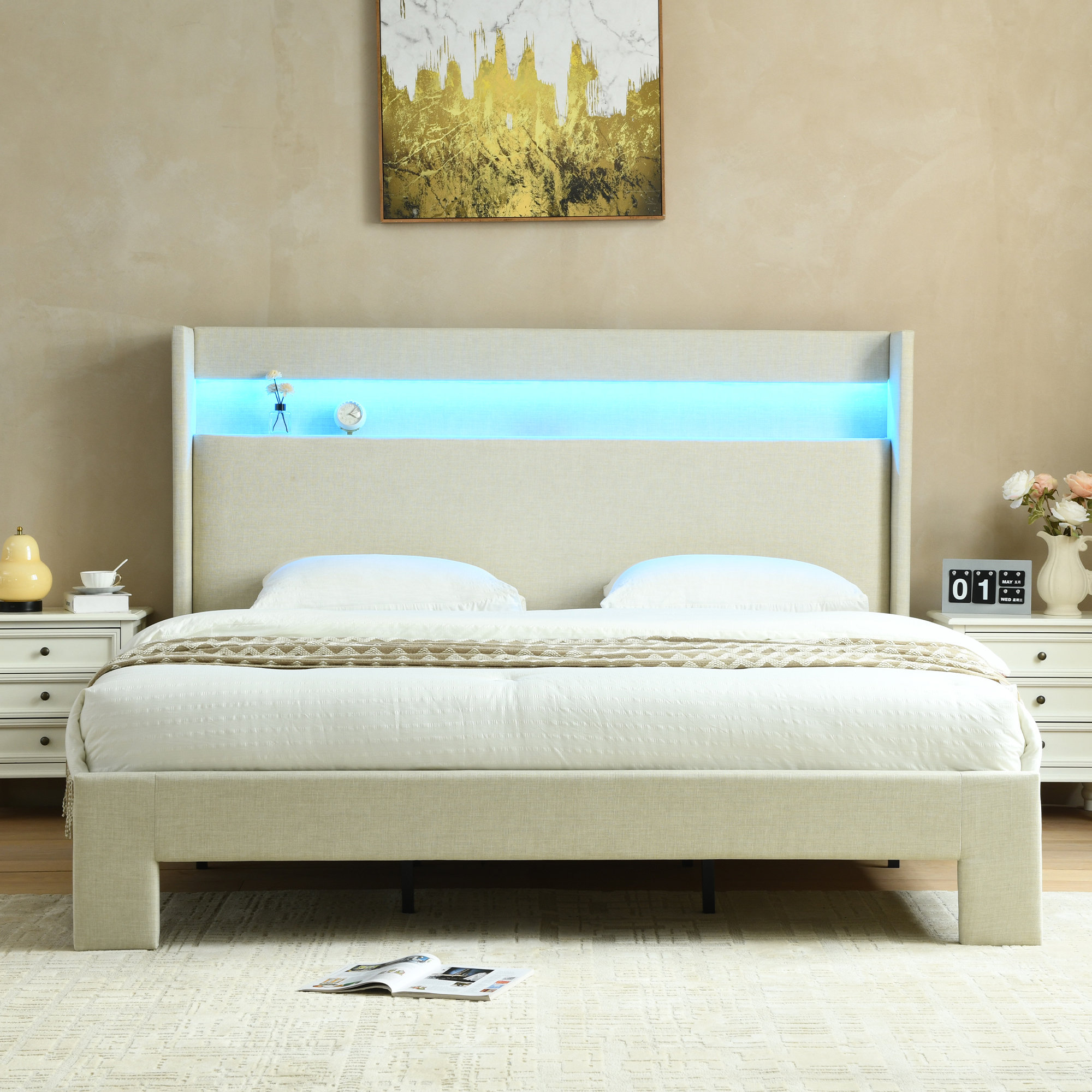 Meixi  Upholstered storage bed with storage headboard, charging station and LED light