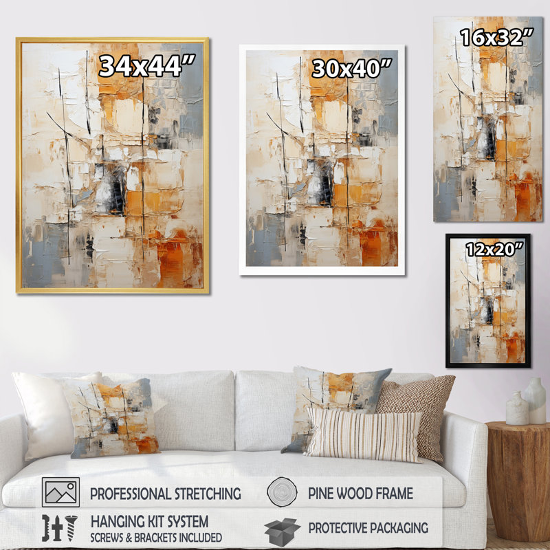 Collage géométrique beige I - reproduction sur toile, Encadrement doré, H 20 po x l 12 po x P 1 po