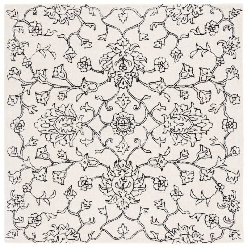Elizaida Hand Tufted Wool/Viscose Floral Rug in Ivory/Black, Square 6'