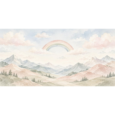 Blush Mountain Rainbow Wallpaper Mural, Peel and Stick Kids Room Wall Mural, Watercolor Mountain Rainbow Nursery Wallpaper