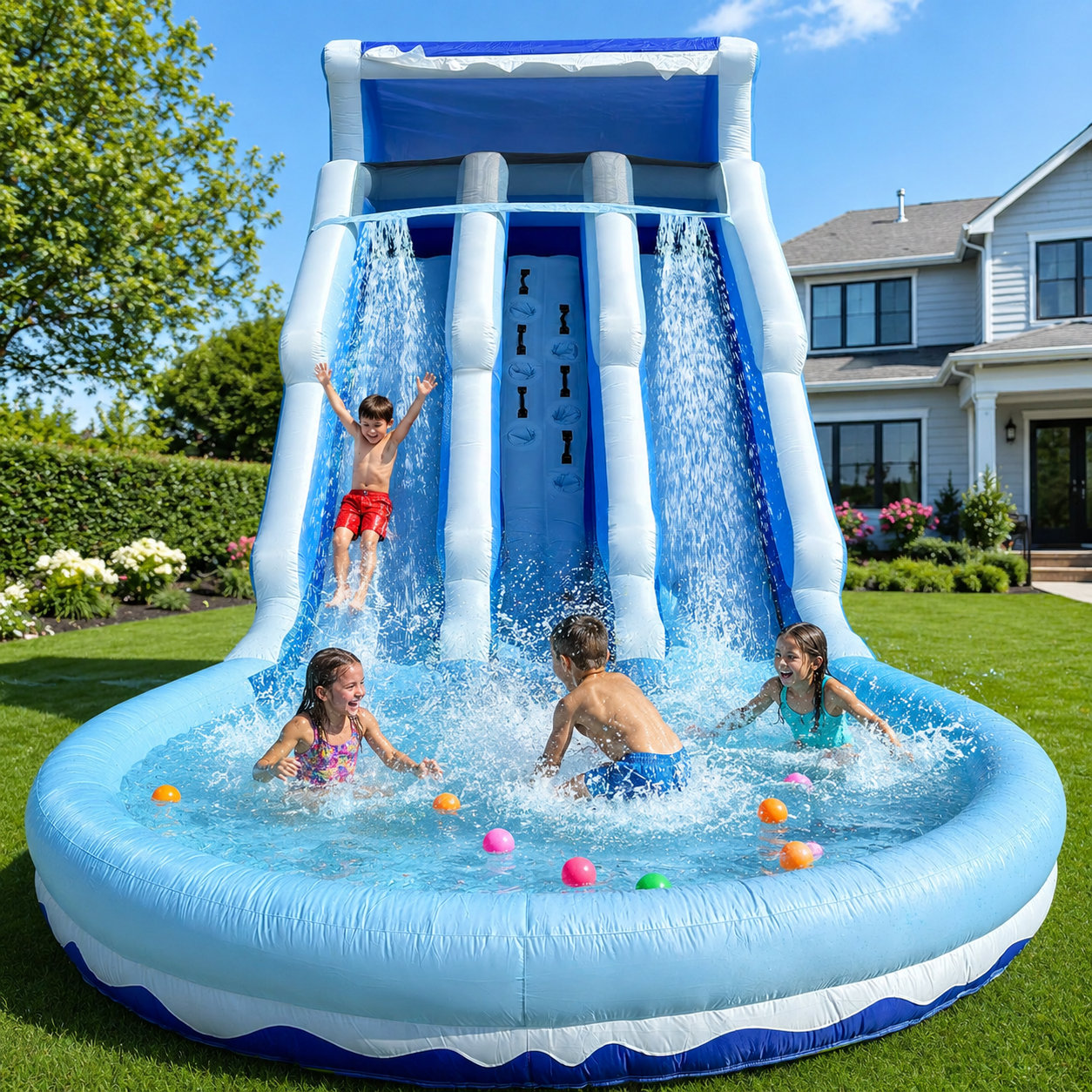 Vancen Industrial Limited 20Ft Inflatable Water Slide With Splash Pool & Double Slide, Summer Backyard Fun For Kids, Climbing Wall & Blower Included (Blue) & Reviews | Wayfair