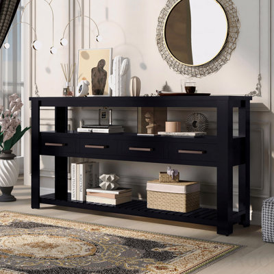 Large Entryway Console Table With 4 Drawers - 3-Tier Open Shelves Metal Handles Painted Versatile Hallway Sofa