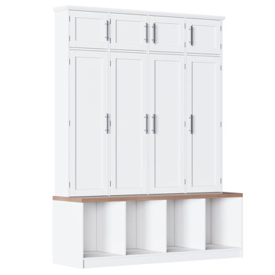 Farmhouse Hall Tree With 4 Hidden Hanging Hooks, Versatile Walnut Seating Bench With 8 Doors, Entryway Shoe Cabinet With Open Compartment For Living Room, White