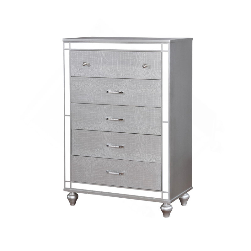 Contemporary Style 1Pc Chest Crocodile Texture Chrome Round Knobs Bar Pulls W/ Crystals Bedroom Furniture
