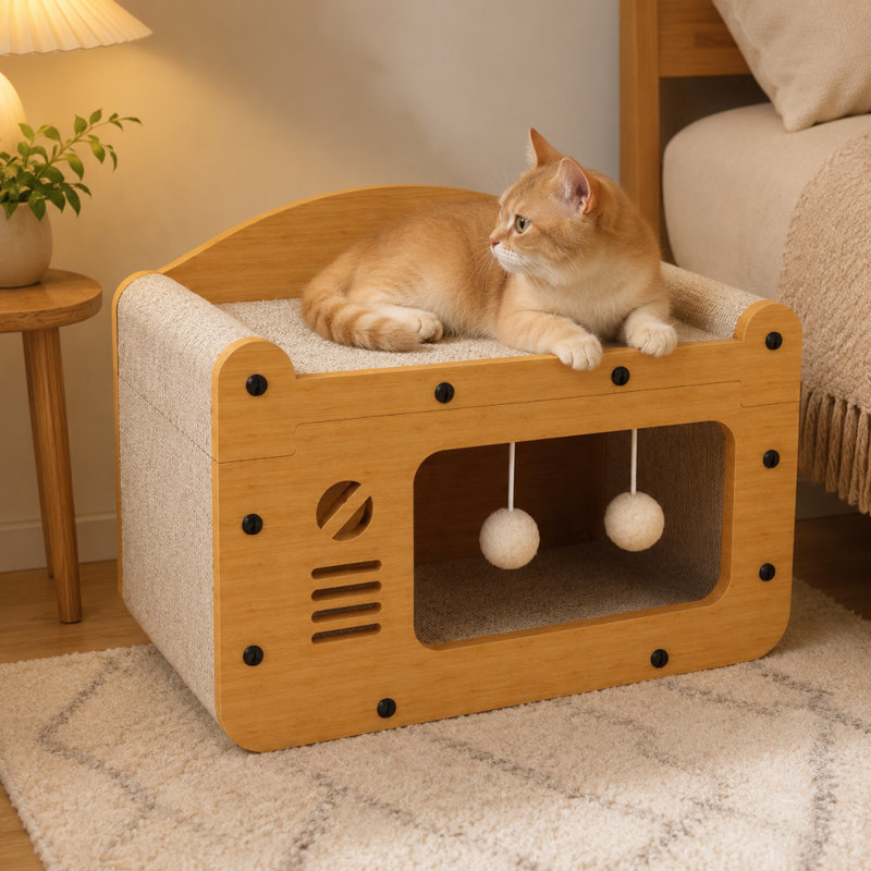 Maison de chat moderne en bois avec patin à griffer, chatière à deux cachettes avec boules de jouets interactives