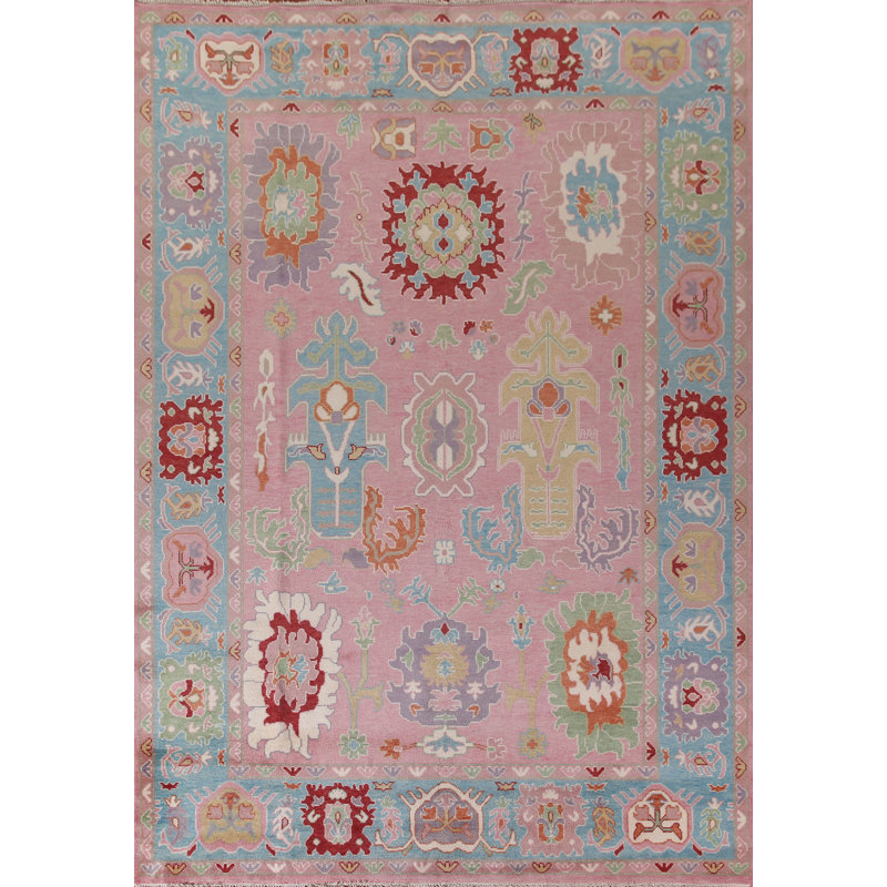 Tapis de salon rose à motif floral Oushak 10 x 14
