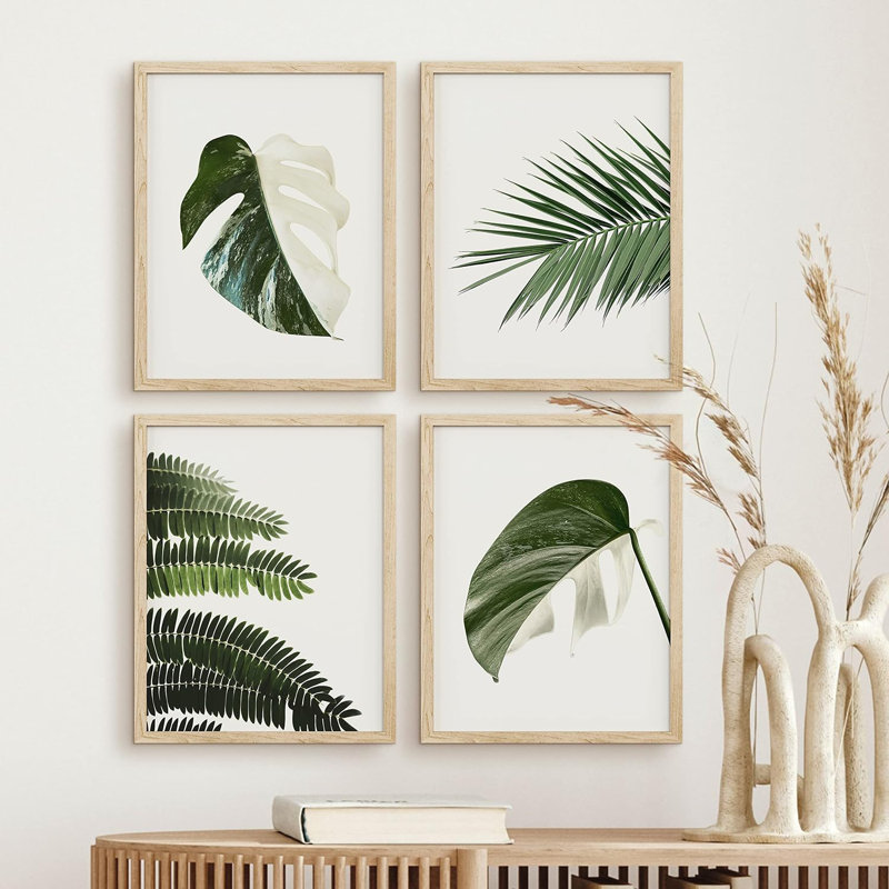 Ensemble de 4 palmiers tropicaux verts et blancs, impression murale encadrée sur papier, impression de 4 pièces, Naturel