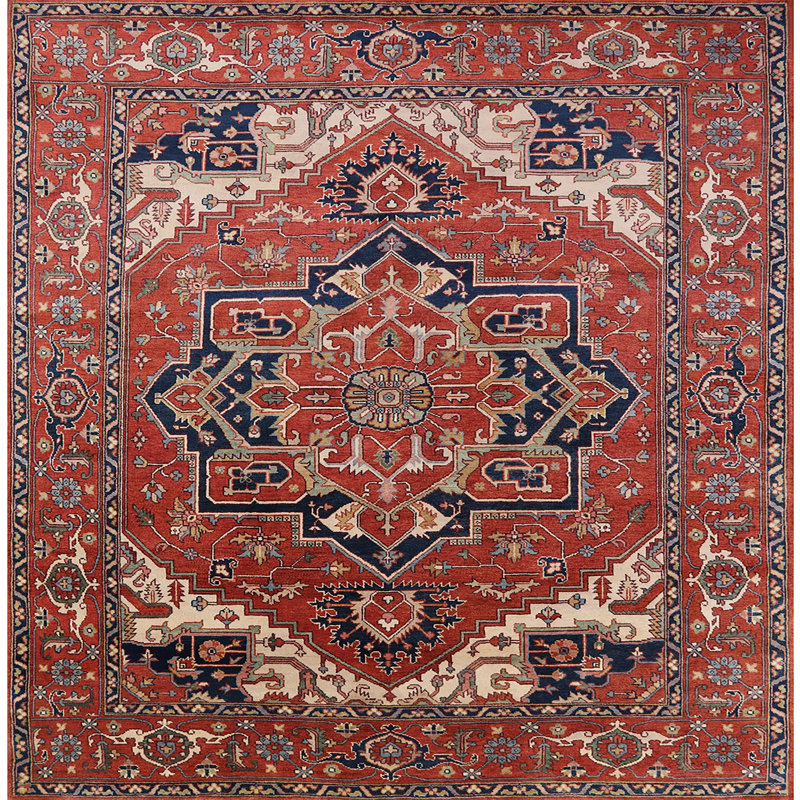 Tapis oriental orange / bleu marine, Carré 4 pi