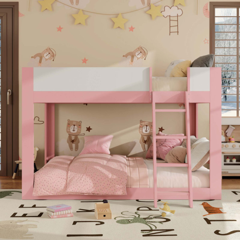 Lit superposé bas, lit superposé convertible en bois avec échelle réversible et garde-corps de sécurité, Queen, Pink