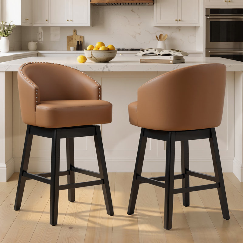 Swivel 30.3'' Faux Leather Bar Stool with Solid Wood Legs, Brown (Set of 2), Brown