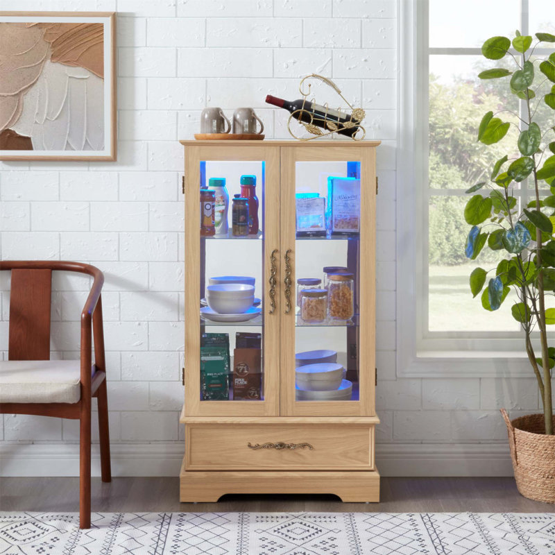 Lighted Glass Curio Display Cabinet with Adjustable Shelves, LED Lights, and Vintage Metal Handles for Elegant Storage