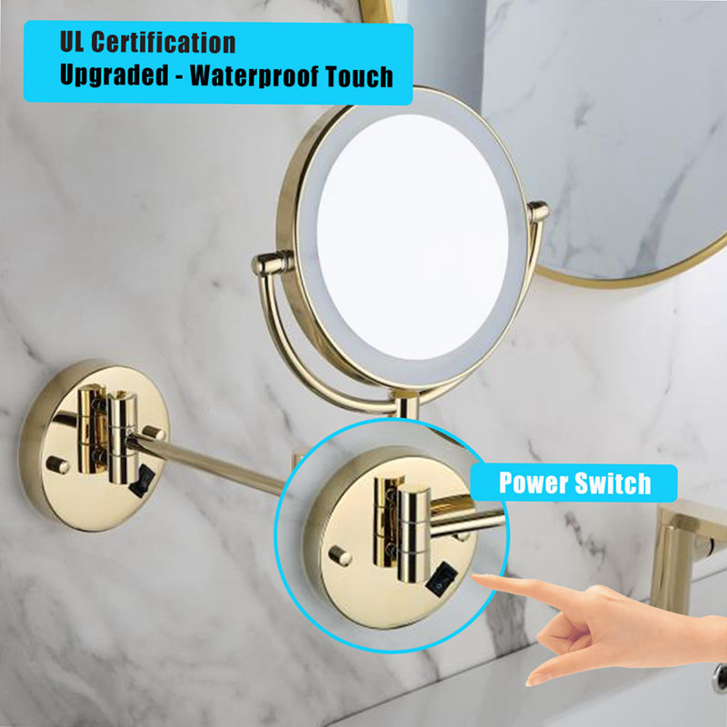 8 Inch Led Wall Mount Two-sided Magnifying Makeup Vanity Mirror,12 Inch Extension Chrome Finish 1X/3X Magnification Plug 360 Degree Rotation Waterproof Button Shaving Mirror