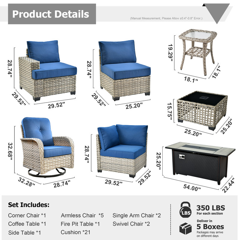 10 - Person Patio Furniture Set with Swivel Rockers, Outdoor Wicker Rattan Sectional Seating Group with Cushions, All Weather Sofa Conversation Set with Fire Pit Table for Garden Backyard