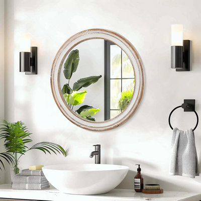 Round Wall Mirror, Wooden Farmhouse with Whitewash Edge
