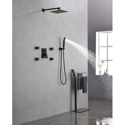 Shower System, 10-Inch Matte Black Full Body Shower System With Body Jets, Square Rainfall Shower Head, Handheld Shower, And 3 Functions Pressure Balance Shower Valve, Bathroom Luxury Faucet Set