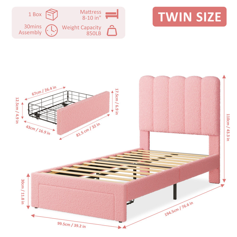 Twin Size Modern Velvet Upholstered Platform Bed Frame with Wave Headboard, Under-Bed Storage Drawer, Noise-Free Wooden Slats, No Box Spring Needed, Easy Assembly for Kids  - Pink