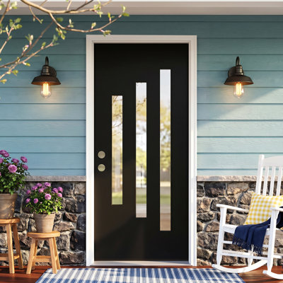 36" x 80" Fiberglass Front Entry Door with Frosted Glass, 3-Lite, Right-Hand Inswing, 4-9/16" White Vinyl Frame & Brickmould, Knock-Down, Black Finish