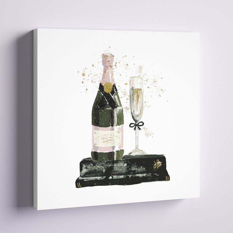 Champagne et livres brillants - peinture sur toile tendue, H 12 po x l 12 po